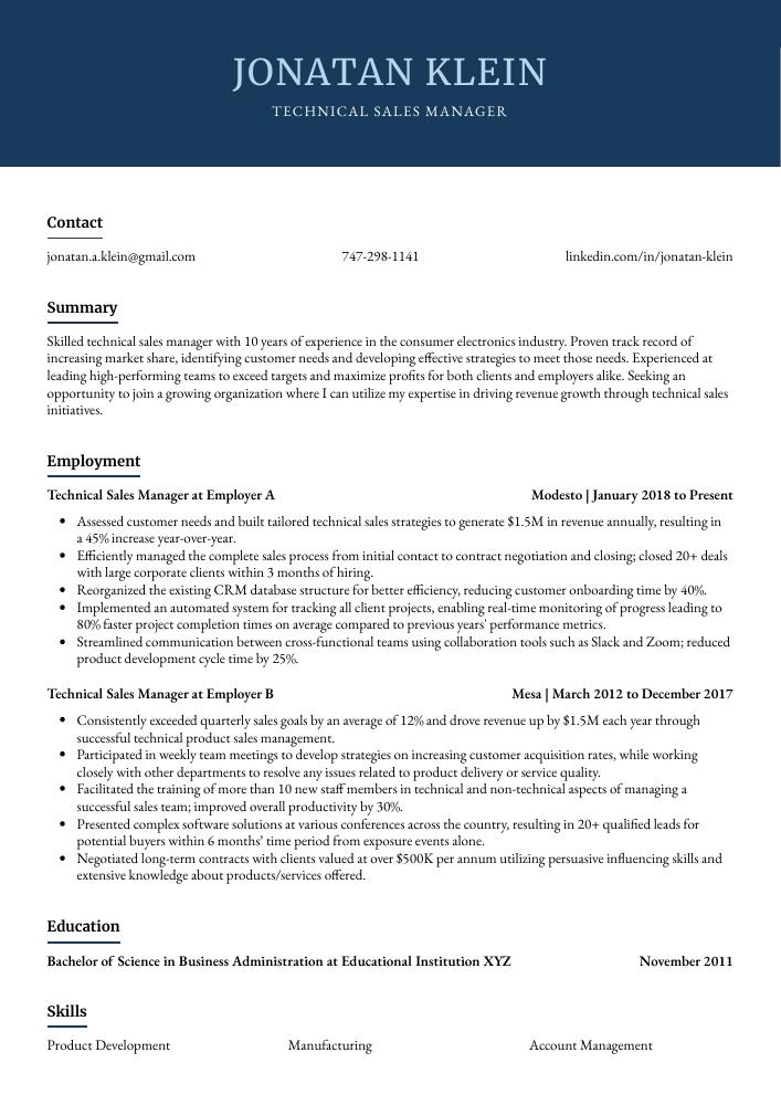 Technical Sales Manager Resume