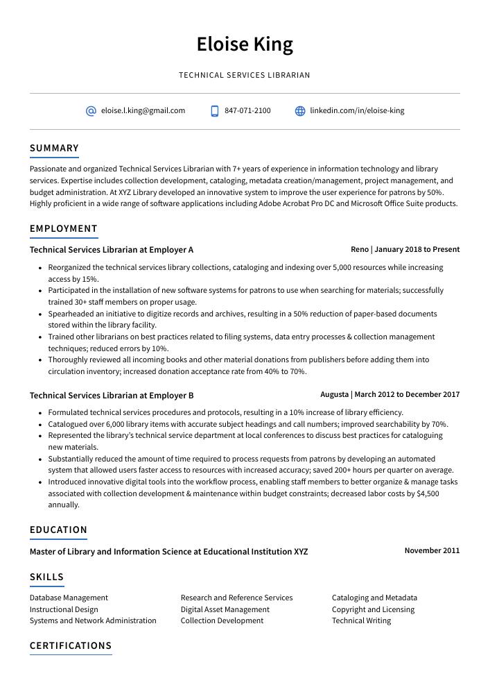 Technical Services Librarian Resume