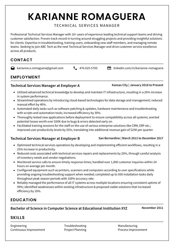 Technical Services Manager Resume