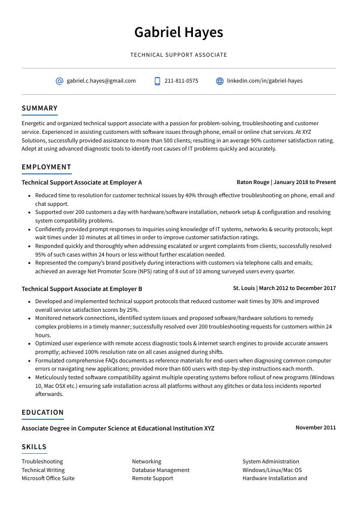 Technical Support Associate Resume