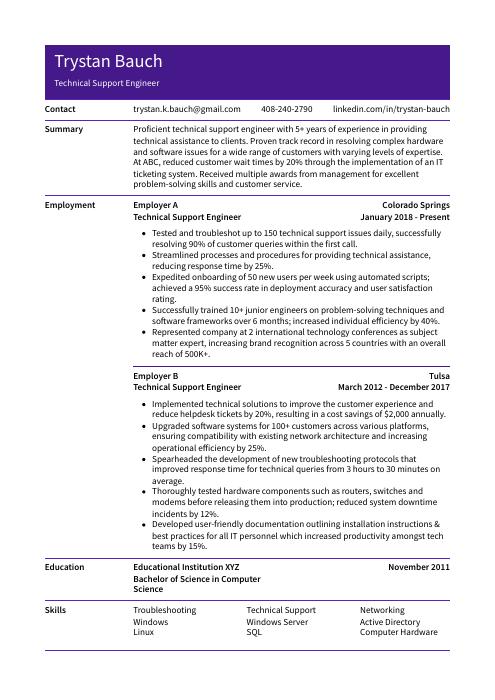 technical support engineer resume samples