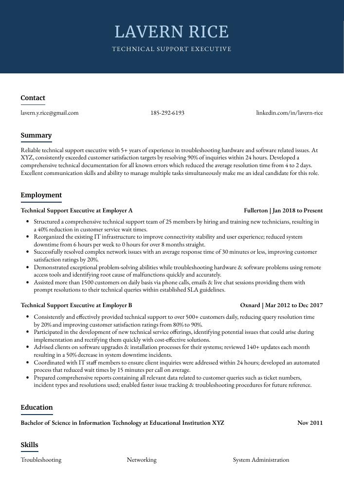 Technical Support Executive Resume