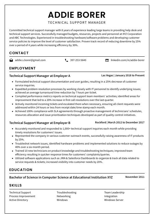 support manager resume example