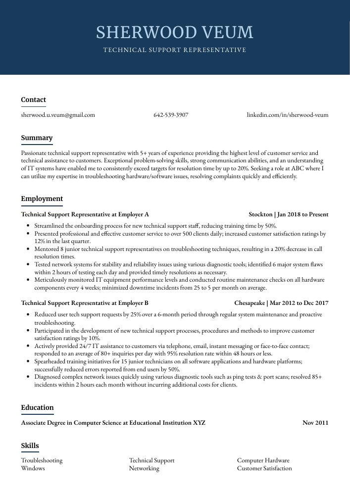 Technical Support Representative Resume