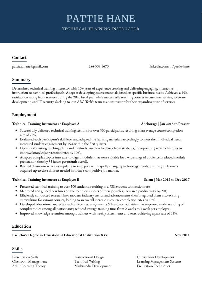 Technical Training Instructor Resume