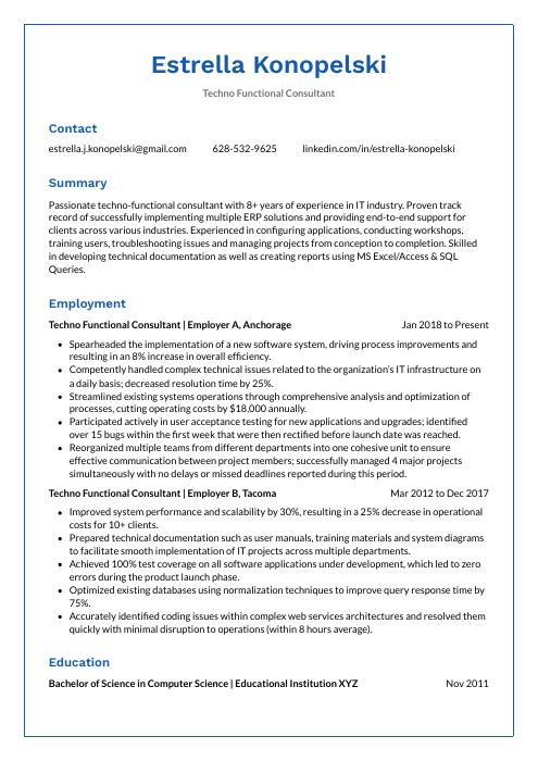 techno functional business analyst resume