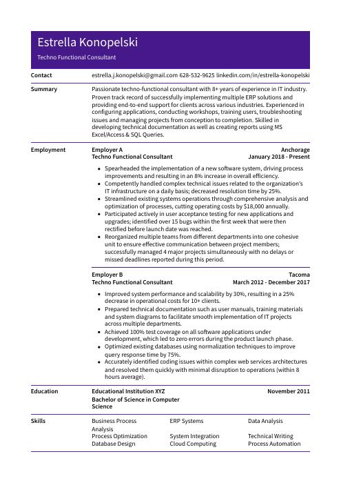 techno functional business analyst resume