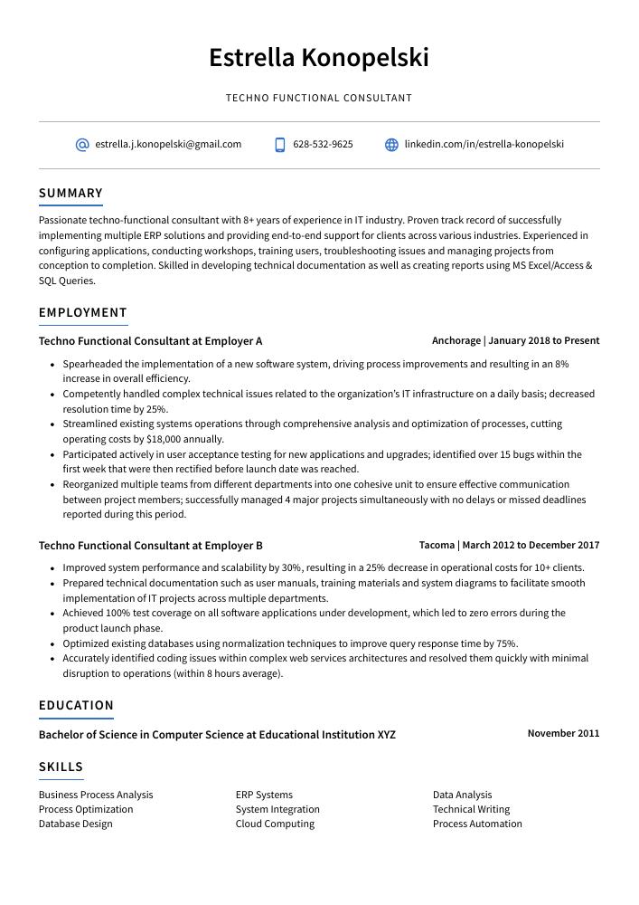 Techno Functional Consultant Resume CV Example And Writing Guide