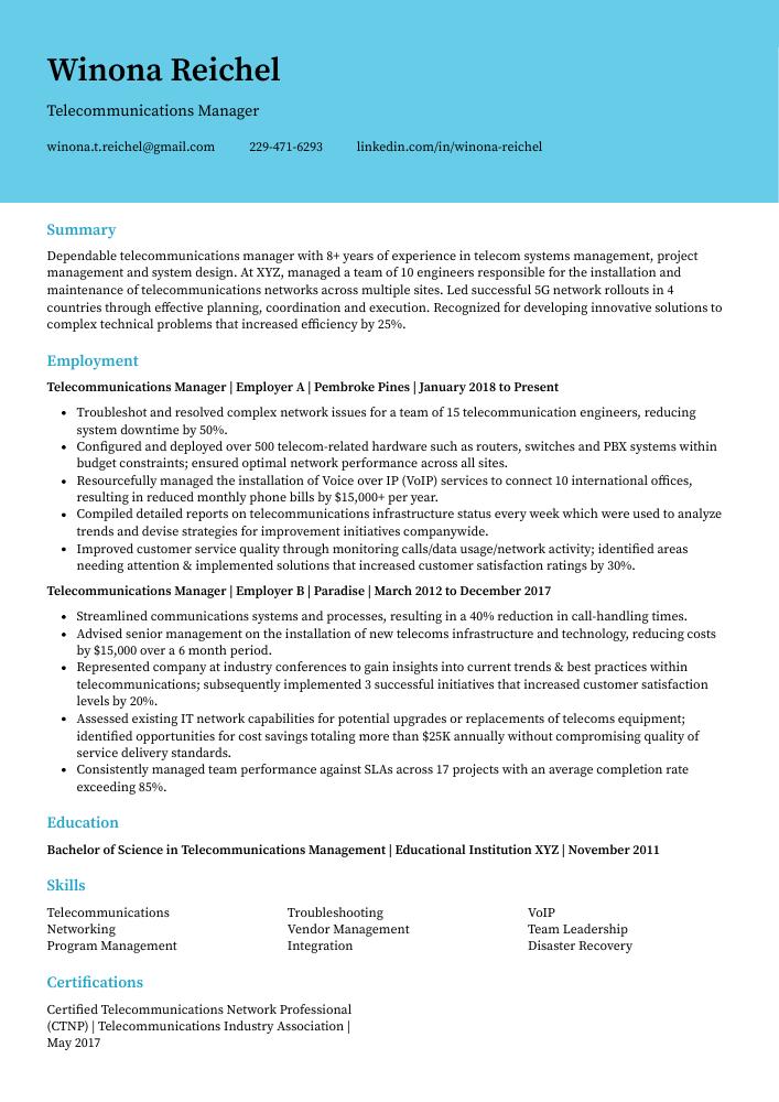 Telecommunications Manager Resume