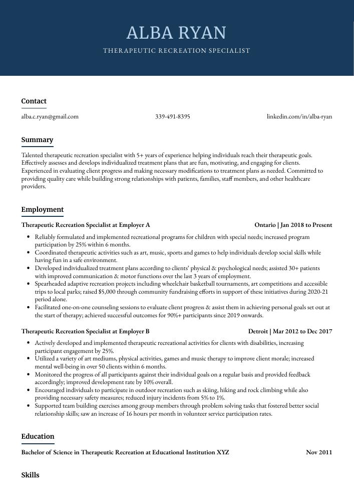 Therapeutic Recreation Specialist Resume