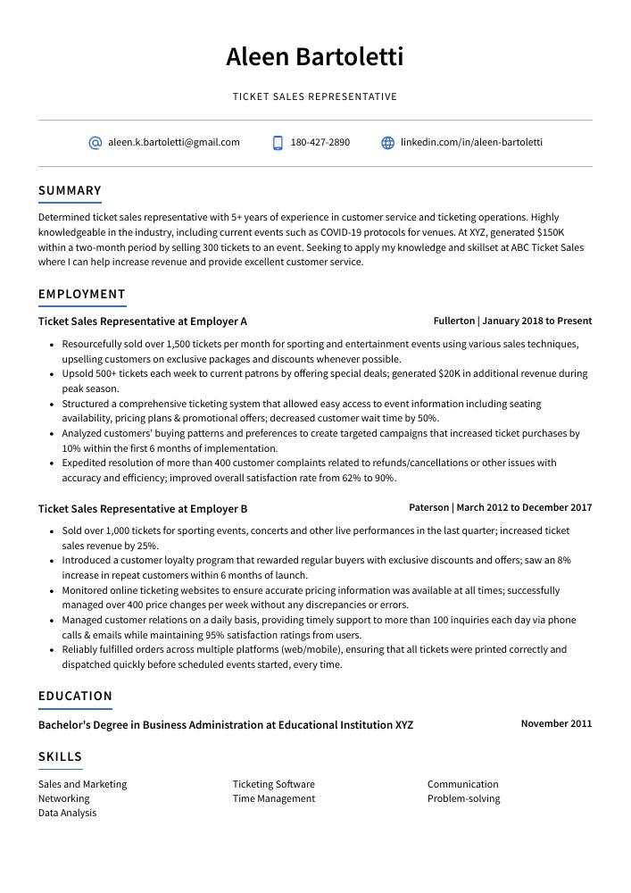 Ticket Sales Representative Resume