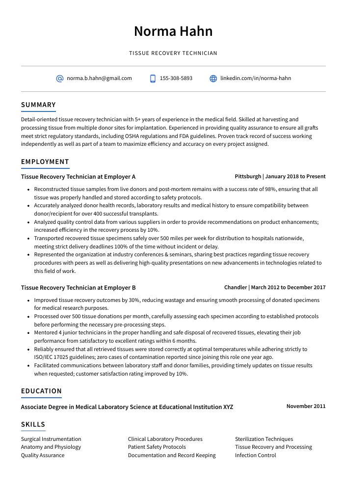 Tissue Recovery Technician Resume