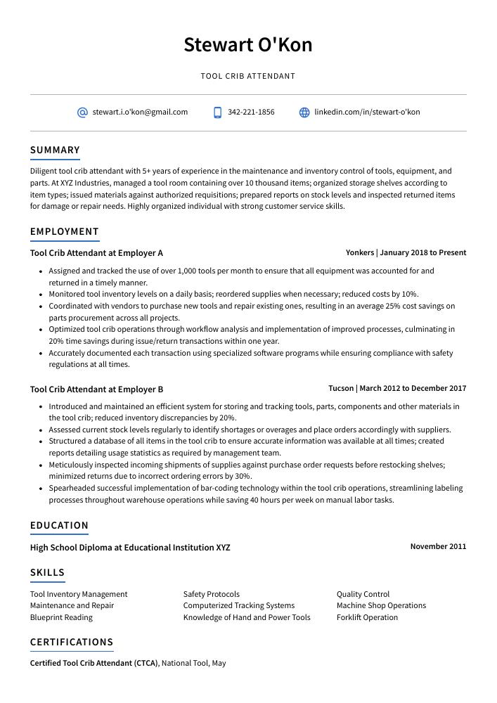 Tool Crib Attendant Resume