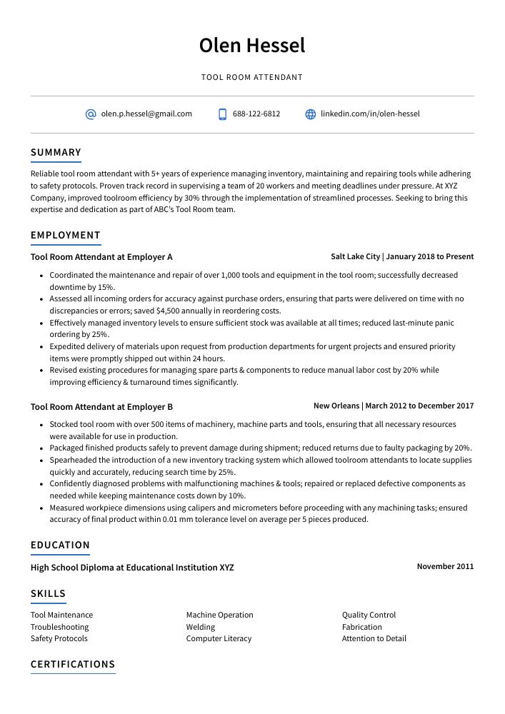 Tool Room Attendant Resume