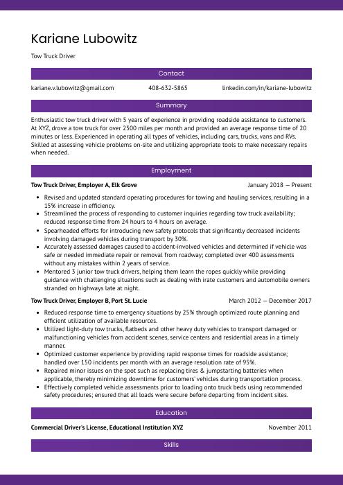 Tow Truck Driver Resume Cv Example And Writing Guide 0243