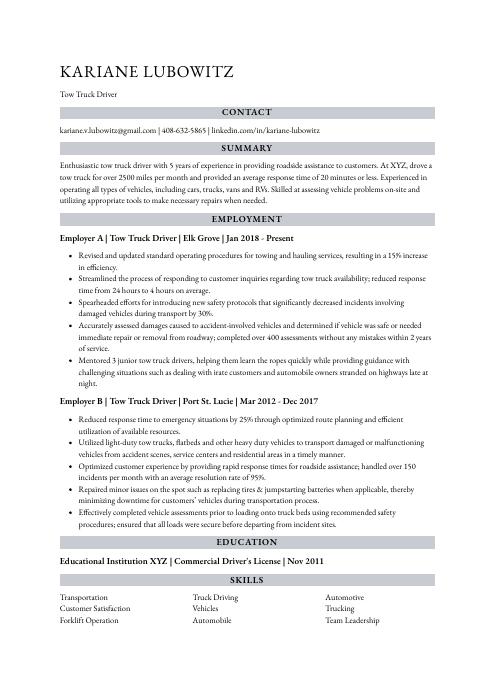 Tow Truck Driver Resume Cv Example And Writing Guide