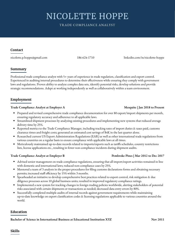 Trade Compliance Analyst Resume