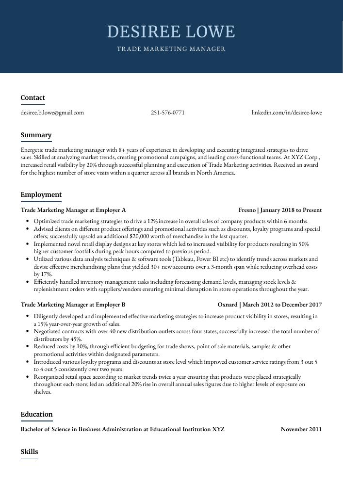 Trade Marketing Manager Resume