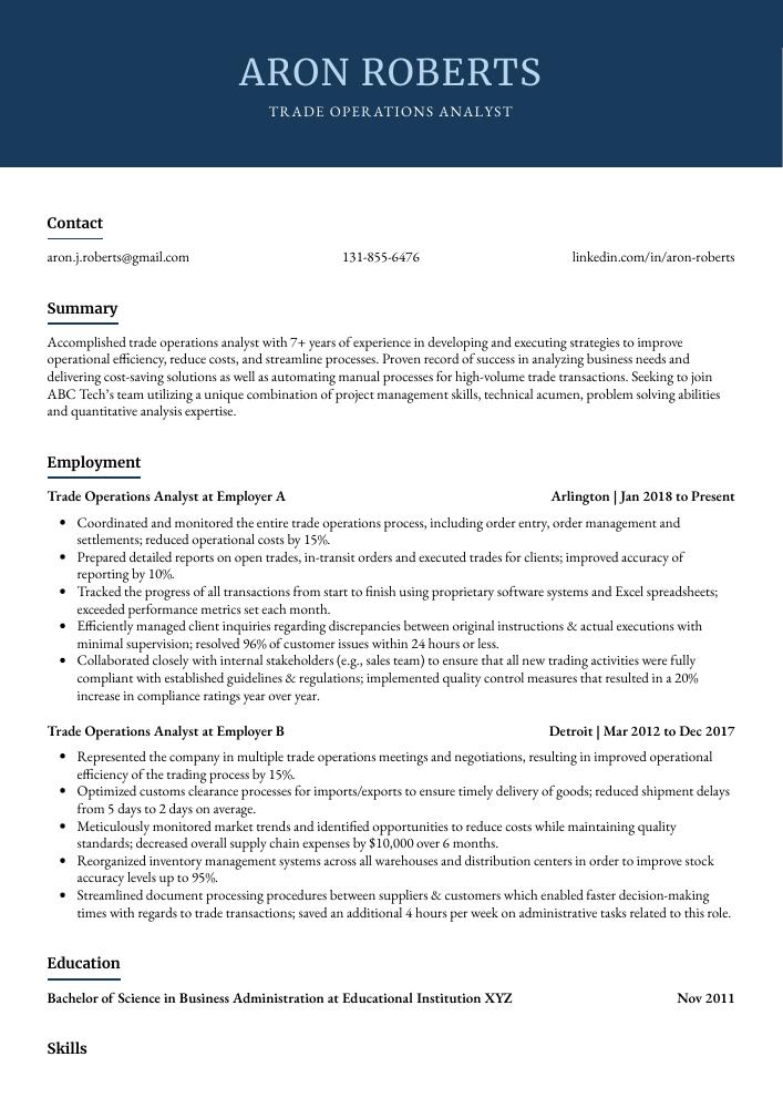 Trade Operations Analyst Resume