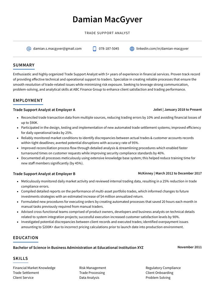 Trade Support Analyst Resume