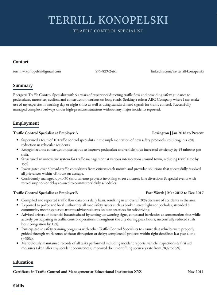 Traffic Control Specialist Resume