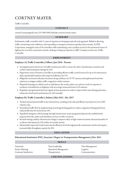 resume entry level traffic controller