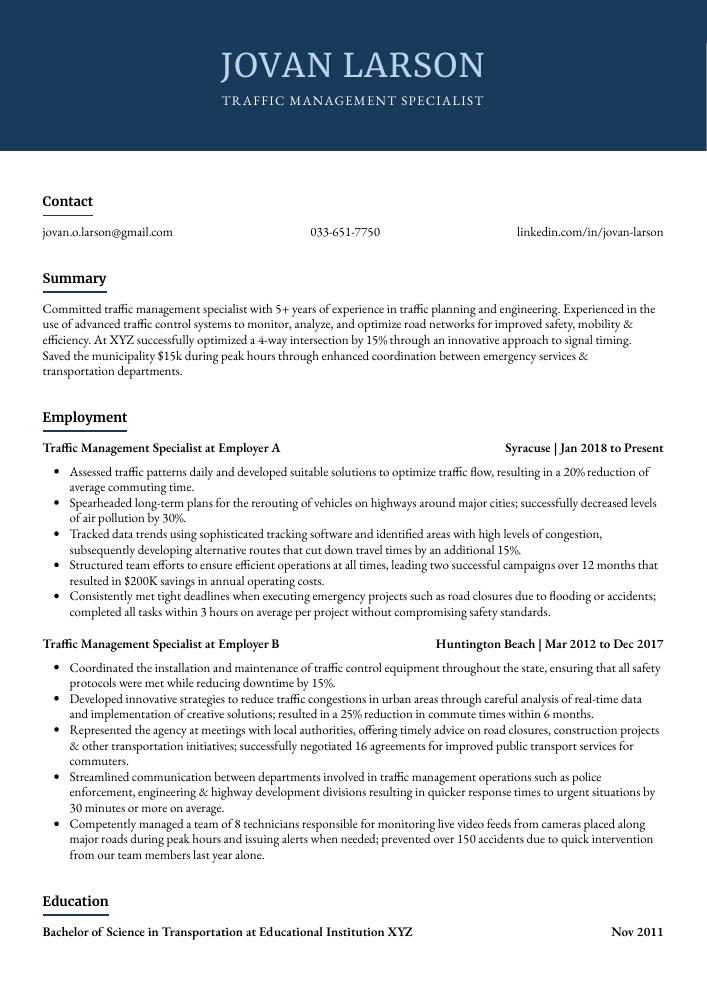 Traffic Management Specialist Resume