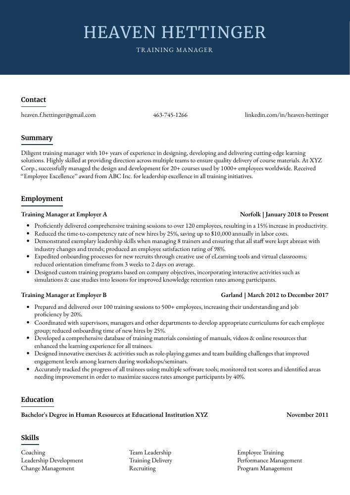 Training Manager Resume