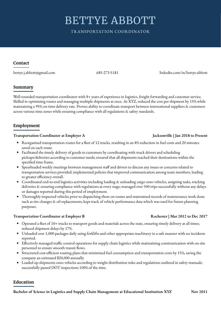 Transportation Coordinator Resume