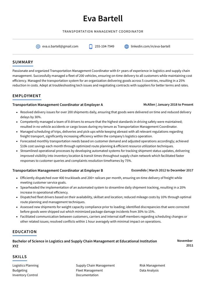 Transportation Management Coordinator Resume