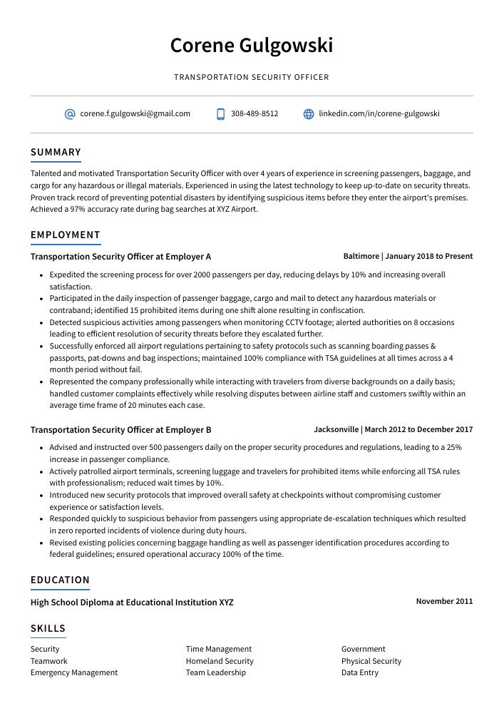 Transportation Security Officer Resume (CV) Example and Writing Guide