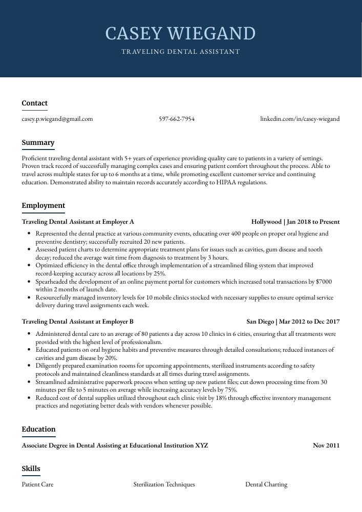 Traveling Dental Assistant Resume