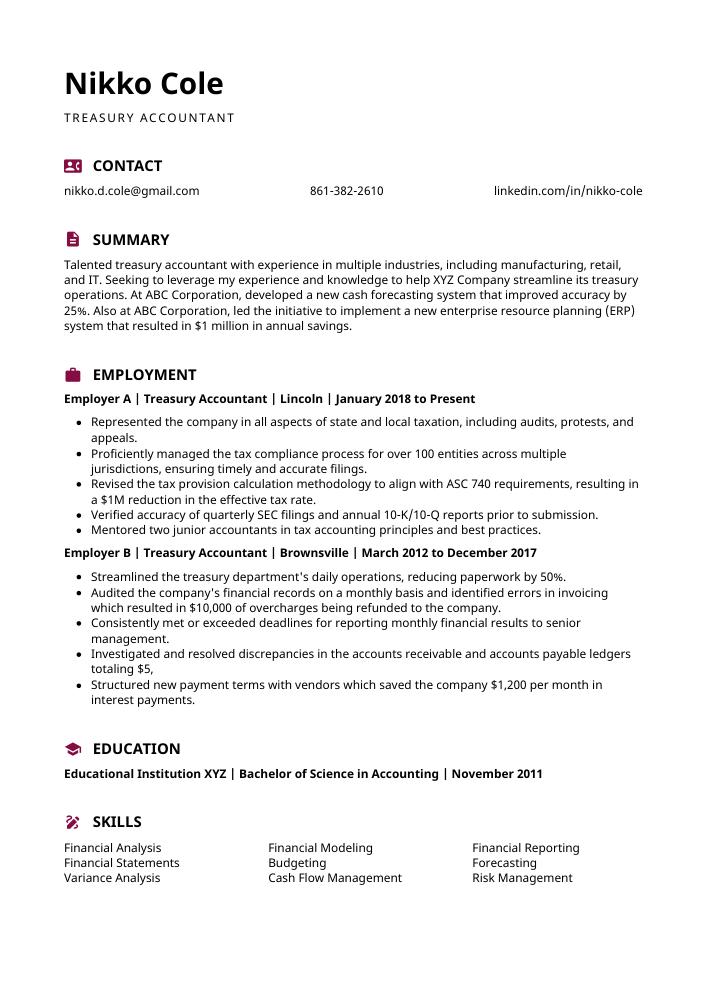 Treasury Accountant Resume