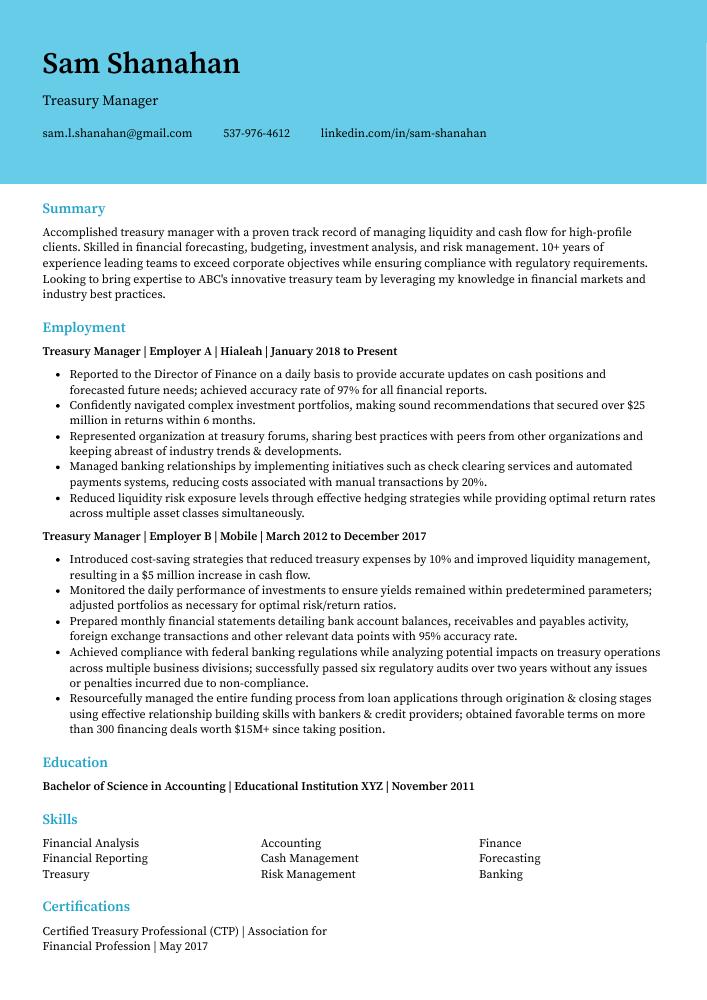 Treasury Manager Resume