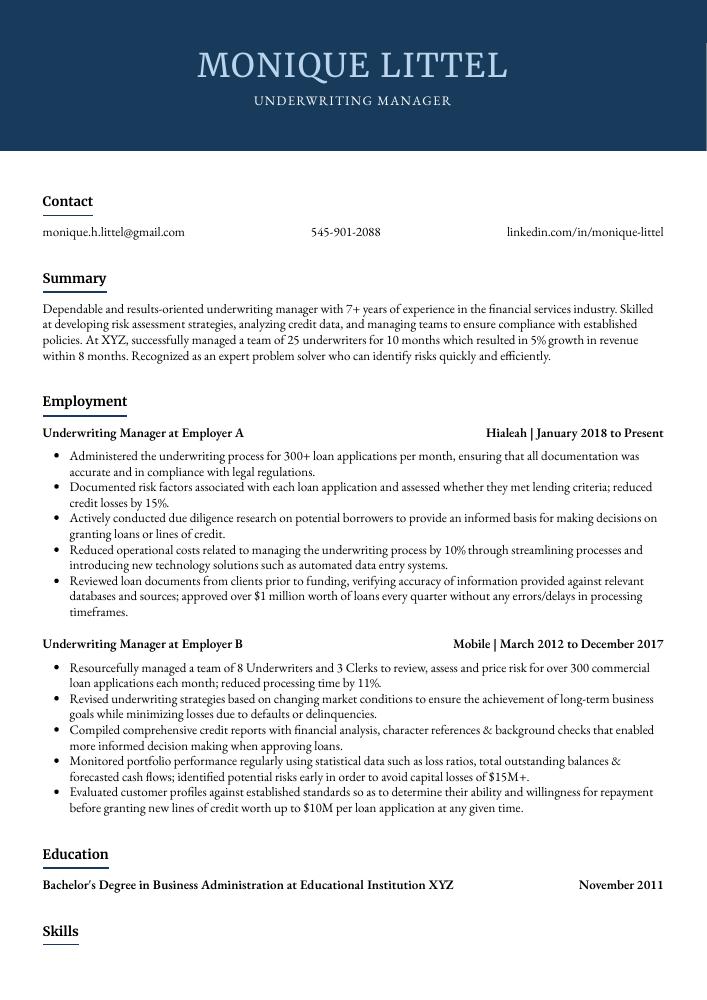 Underwriting Manager Resume
