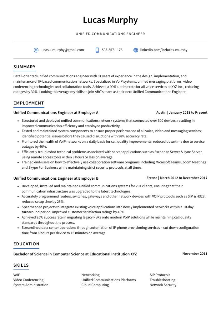 Unified Communications Engineer Resume (CV) Example and Writing Guide