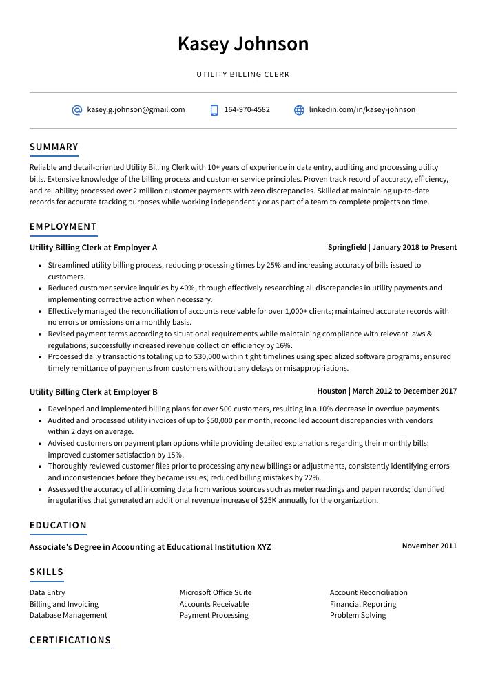 Utility Billing Clerk Resume