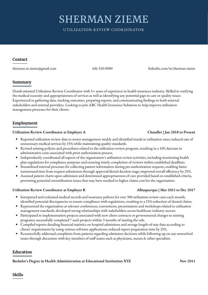 Utilization Review Coordinator Resume