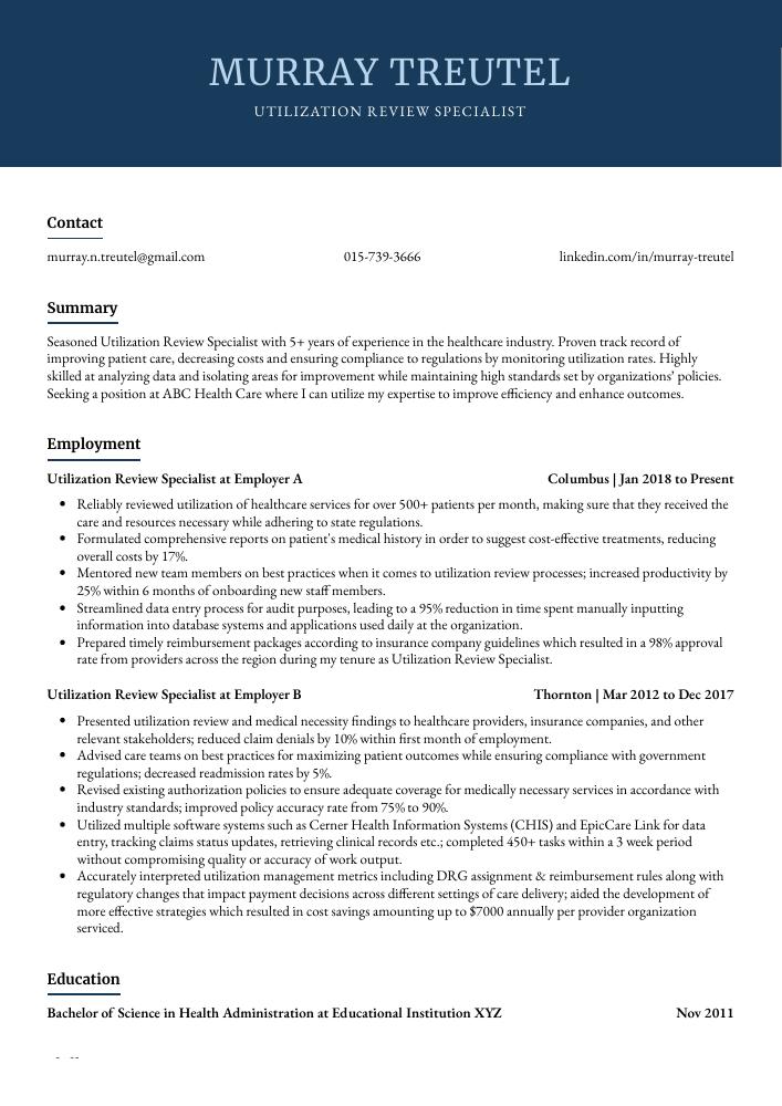 Utilization Review Specialist Resume