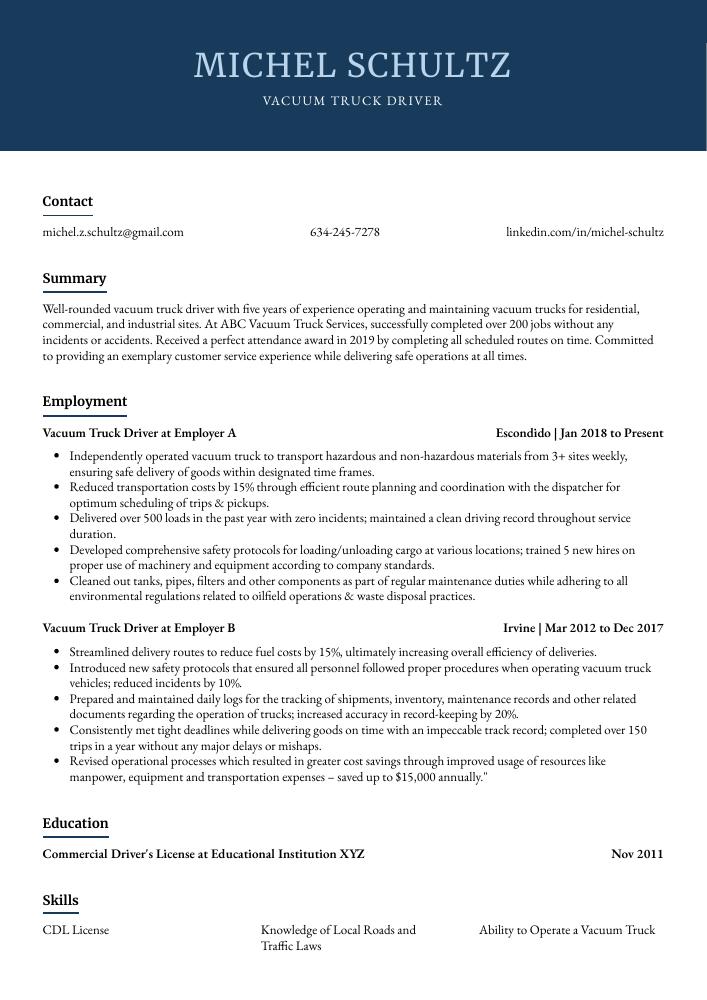 Vacuum Truck Driver Resume