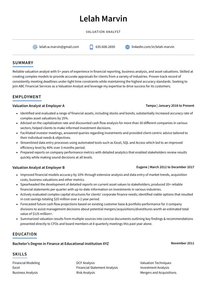 Valuation Analyst Resume