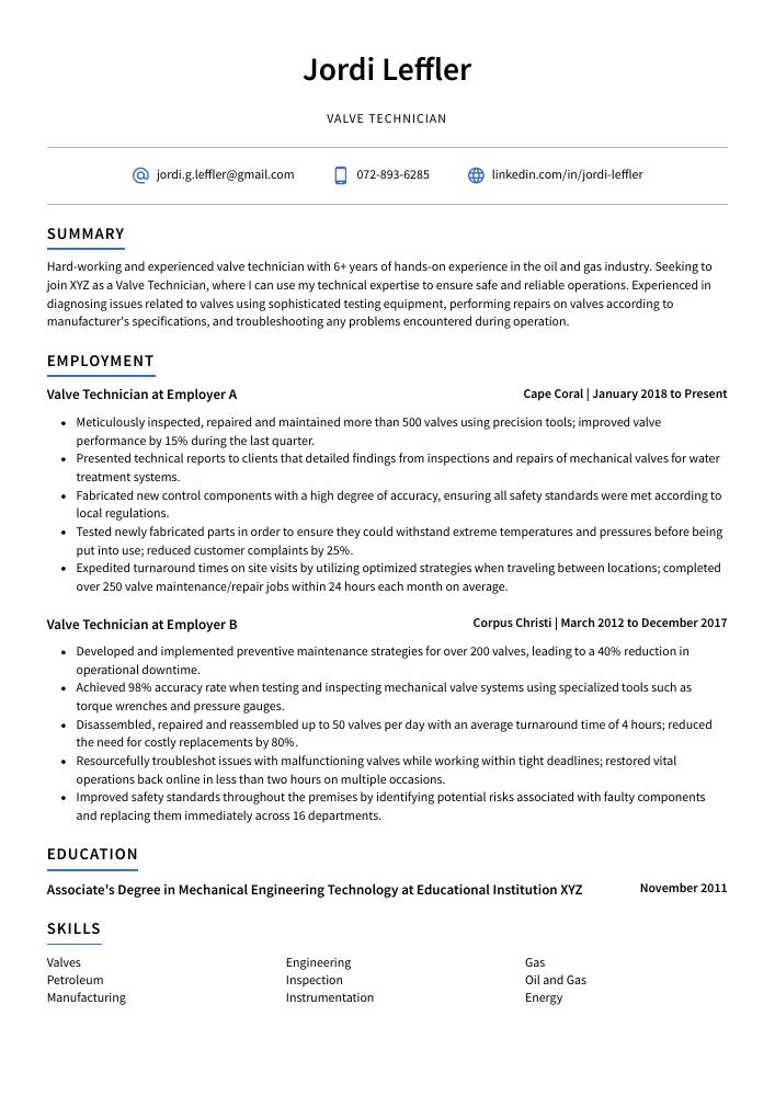 Valve Technician Resume