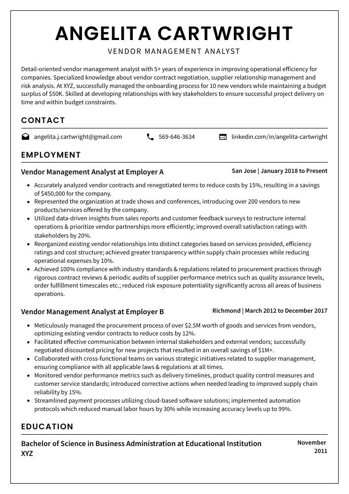 Vendor Management Analyst Resume