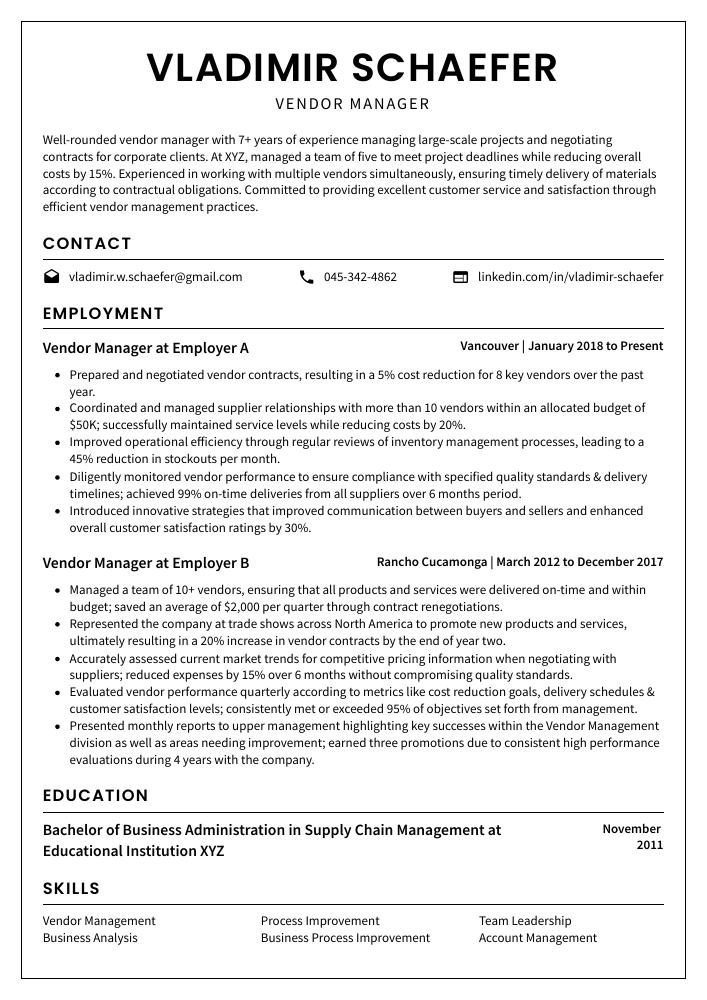 Vendor Manager Resume