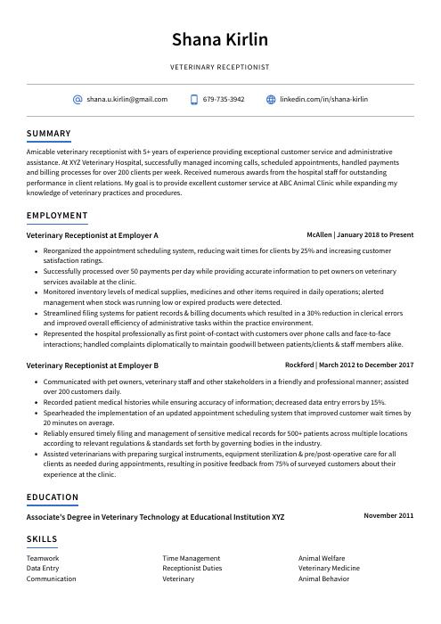 resume examples veterinary receptionist