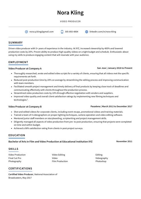 resume objective examples video producer