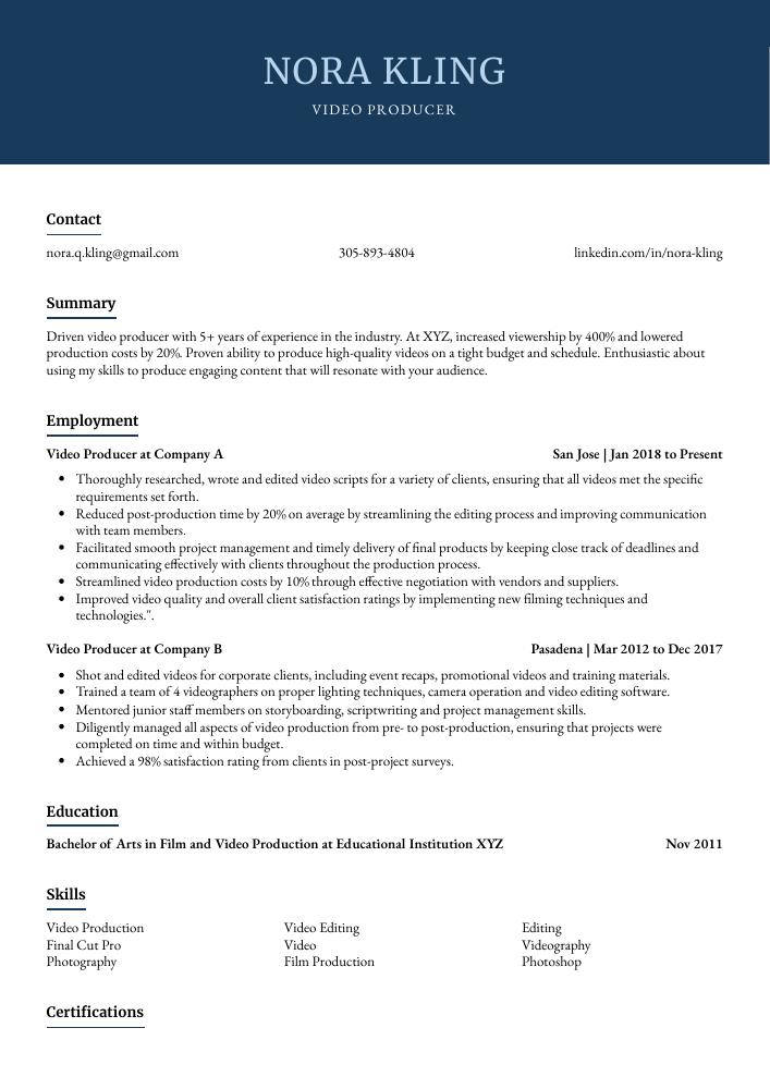 Video Producer Resume