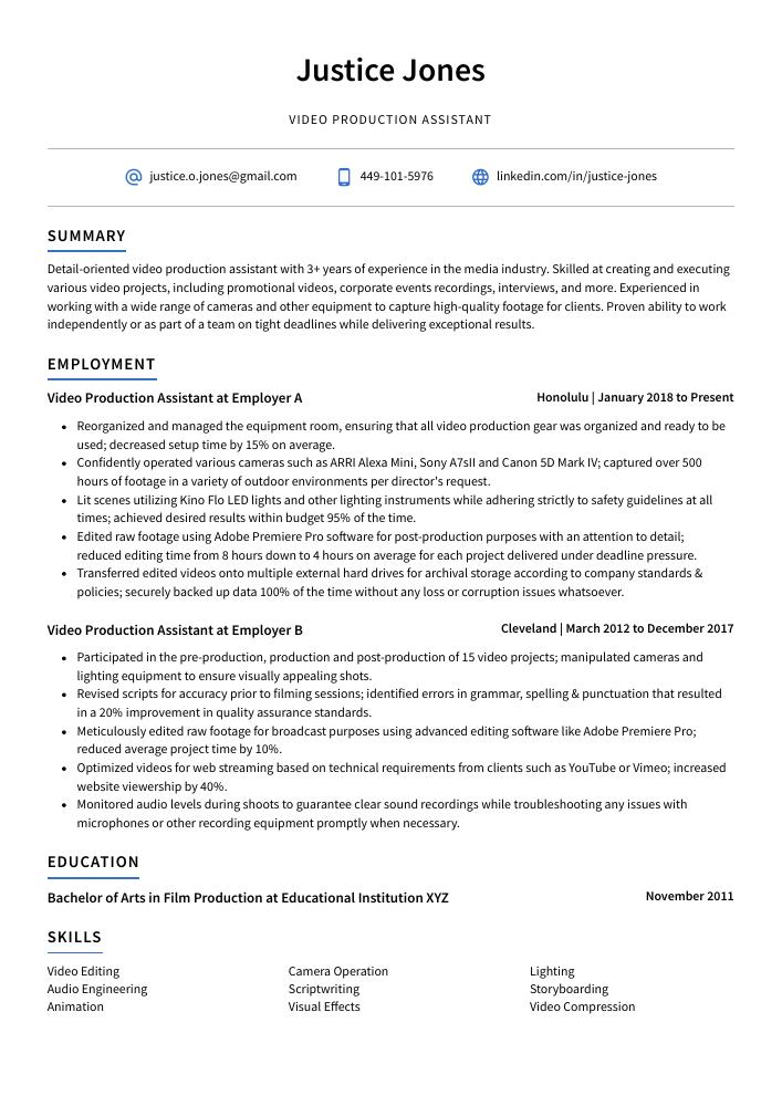 Video Production Assistant Resume