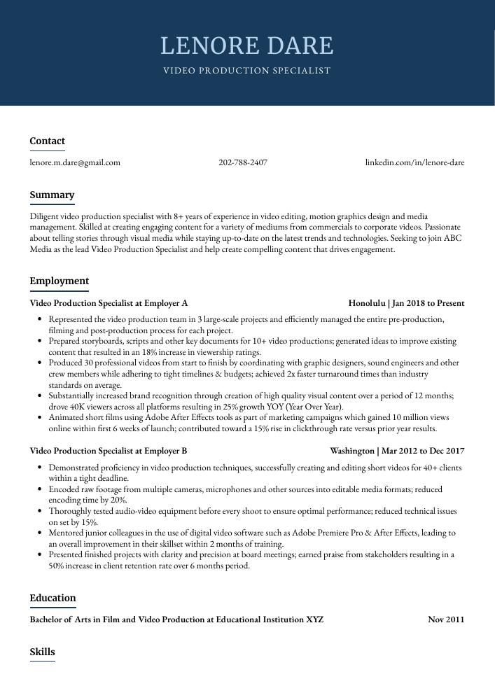 Video Production Specialist Resume