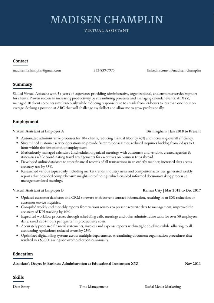 Virtual Assistant Resume